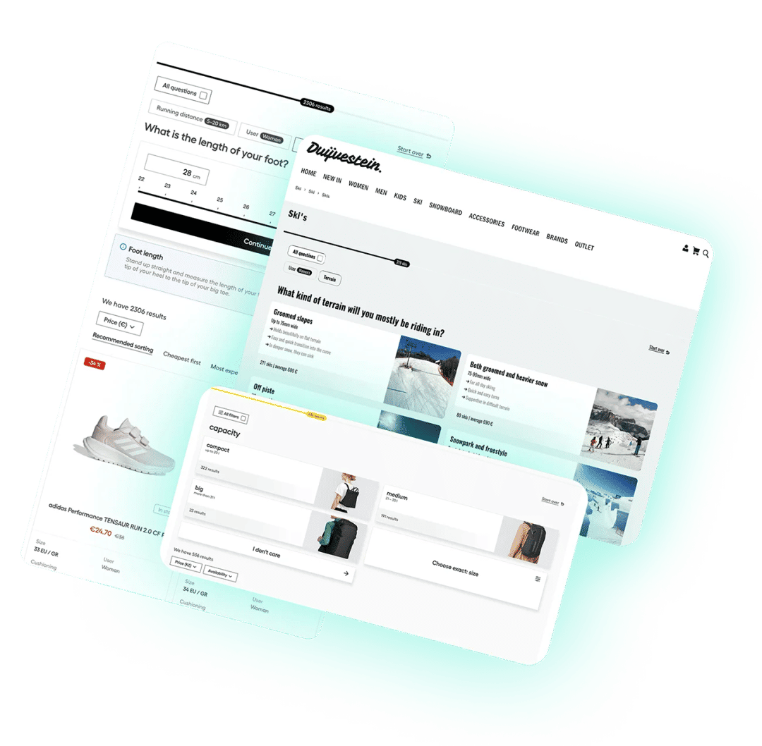 Product guides featuring shoes, skis, and backpacks